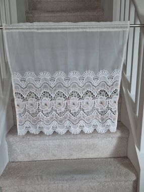 White Sheer Lace Curtain Panel Valance  Scalloped Edge 29x27